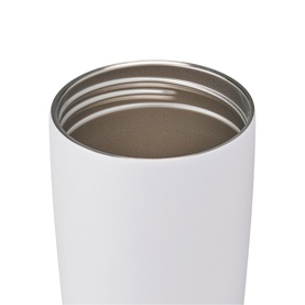 Owala SmoothSip Slider Travel Mug 20oz in Candy Coated white, close-up overhead view showing stainless steel interior rim