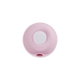 Owala SmoothSip Slider Travel Mug lid in Candy Coated pink, showing white push-button slider and spout opening.