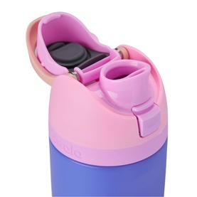 Owala FreeSip&reg; Water Bottle Wild Child 16oz in purple and pink, close-up of open leak-proof lid with built-in straw spout and carry loop lock.