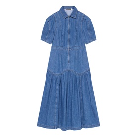 Mint Velvet blue denim midi dress with zip front, puff sleeves, pintuck detail and tiered skirt
