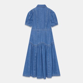 Mint Velvet blue denim midi dress with puff sleeves, button-front placket, collar, and tiered skirt, shown from the back.