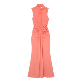 Reiss coral orange sleeveless maxi dress with high neck, twist-knot detail and ruched skirt, flat lay