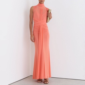 Model wearing Reiss coral orange sleeveless high-neck ruched maxi dress, styled with strappy heels and a gold clutch bag