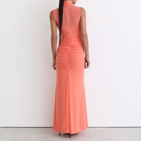 Model wearing Reiss coral orange maxi dress with ruched back detail, high neck, and sleeveless silhouette