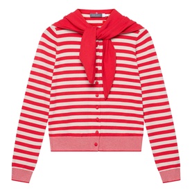 Mint Velvet red and pink stripe knit cardigan with tied neck scarf detail and button front fastening
