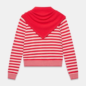 Mint Velvet red stripe knit jumper with contrast red cowl neck detail, ribbed cuffs and hem, flat lay back view