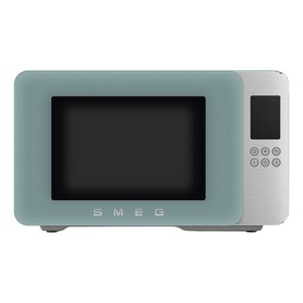 Smeg Microwave Grill in green with silver trim, digital display panel, and retro-style design with logo detail on front