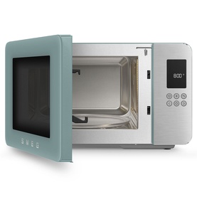 Smeg Microwave Grill in green with stainless steel interior, open door, and digital display panel on right side.