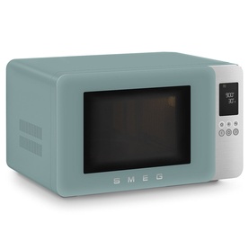 Smeg Microwave Grill in green with retro styling, digital display panel, and silver handle detail on door