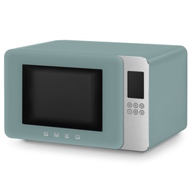 Smeg Microwave Grill in green with retro-style curved body, silver control panel, and digital display on right side.