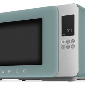 Smeg Microwave Grill in green with stainless steel trim, digital display panel, and control buttons, angled front view.