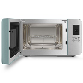 Smeg Microwave Grill in green with open door revealing stainless steel interior, wire rack, and turntable, with digital control panel