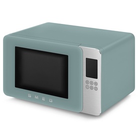 Smeg Microwave Grill in green with retro curved design, silver control panel, digital display, and chrome door handle