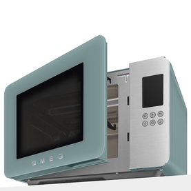 Smeg Microwave Grill in green with open door, retro-style digital control panel and stainless steel interior visible