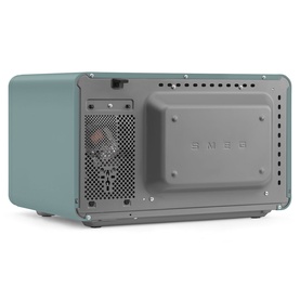 Smeg Microwave Grill in green, rear view showing ventilation grille, fan unit, and embossed Smeg branding panel.