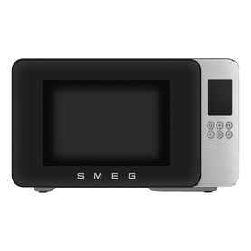 Smeg Microwave Grill in matte black with large glass door, digital display panel, and silver SMEG branding on front.