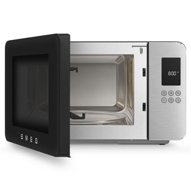 Smeg Microwave Grill in matte black with door open, showing stainless steel interior and digital touch control panel