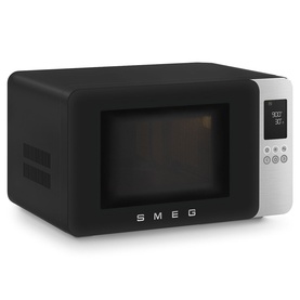 Smeg Microwave Grill in matte black with retro-style glass door, digital display panel, and touch controls on right side.