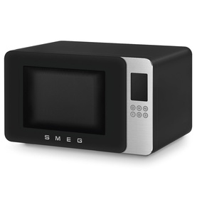 Smeg Microwave Grill in matte black with silver control panel, digital display, and retro-style design with SMEG branding on front.