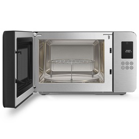 Smeg Microwave Grill in Matte Black with open door revealing stainless steel interior, wire rack, and digital control panel