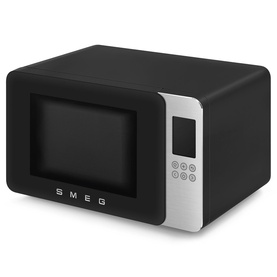 Smeg Microwave Grill in matte black with silver door handle, digital display panel and retro-style branding on front fascia.