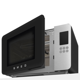 Smeg Microwave Grill Matte Black with door open, showing interior cavity and silver digital control panel