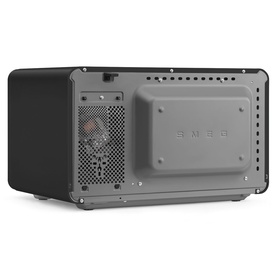 Smeg Microwave Grill in matte black, rear view showing ventilation grille and branded panel.