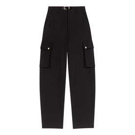 Maje women's red cargo trousers with large flap pockets, gold-tone stud details, and belted waist, straight leg fit