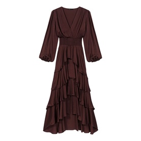 Dark brown maxi dress with deep V-neckline, long billowing sleeves, elasticated waist, and tiered ruffle skirt
