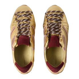 Claude Pierlot metallic gold and burgundy lace-up trainers with suede panels, shot from above showing textile braided laces