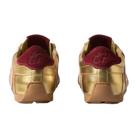Claude Pierlot metallic gold leather trainers, rear view, with burgundy collar lining and tonal logo branding