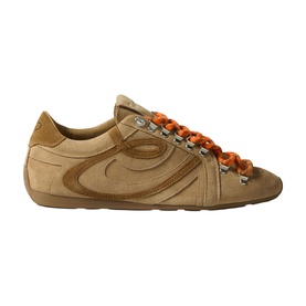 Claude Pierlot women's trainer in clear beige suede with tonal logo detail, orange laces, and metal eyelets on cream sole