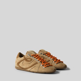 Claude Pierlot women's suede trainers in tan/beige with orange laces, tonal side detailing, and rubber sole