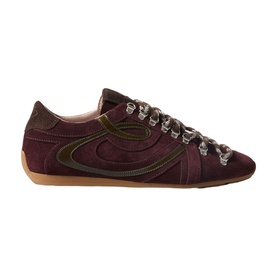 Claude Pierlot red suede lace-up trainer with dark green contrast detailing and gum sole