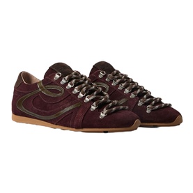Claude Pierlot red suede lace-up trainers with silver eyelets, contrast stitching, and tan rubber sole