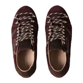 Claude Pierlot red suede low-top trainers, overhead view, with contrast braided laces and beige insole lining.