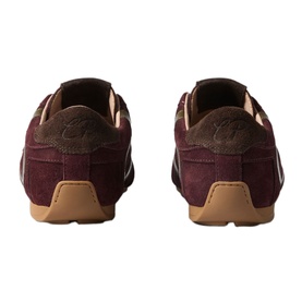 Claude Pierlot red suede trainers, rear view, showing tan gum sole and tonal heel detail