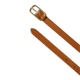 Claude Pierlot brown leather belt with gold-tone rectangular buckle, slim strap with punch holes visible at tip