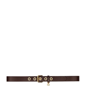 Maje dark brown leather belt with gold-tone rectangular buckle, eyelet detail, and small charm drop pendant