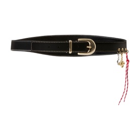 Claude Pierlot black wide belt with gold-tone buckle, white contrast stitching, and red tassel charm detail