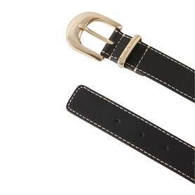 Claude Pierlot black leather belt with gold-tone buckle and white contrast stitching detail