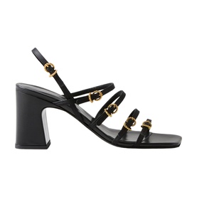 Claude Pierlot black strappy block-heel sandal with gold-tone buckle embellishments, square toe, and slingback strap