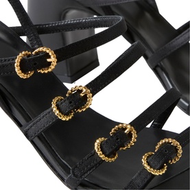 Claude Pierlot black strappy sandals with gold twisted buckle embellishments, block heel, multiple ankle straps