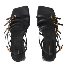 Claude Pierlot black strappy heeled sandals with square toe, gold ring embellishments, and ankle tie detail, overhead view