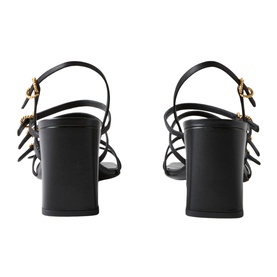 Claude Pierlot black leather strappy block heel sandals with gold buckle hardware, shown from rear angle