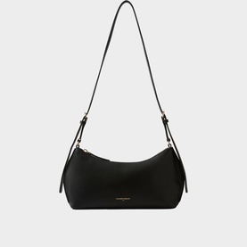 Claude Pierlot black shoulder bag with gold-tone hardware, zip top, slim adjustable strap, and curved base