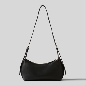 Claude Pierlot black leather shoulder bag with curved base, gold-tone hardware, and adjustable crossbody strap