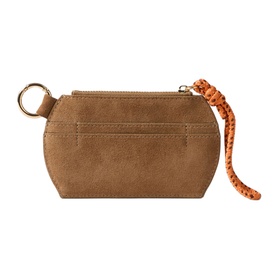 Claude Pierlot tan suede coin purse with gold ring keychain and orange braided wrist strap, zip closure and rear slip pocket