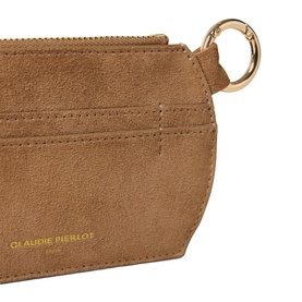 Claudie Pierlot tan suede card holder with gold ring clip and rear slip pocket, close-up detail shot