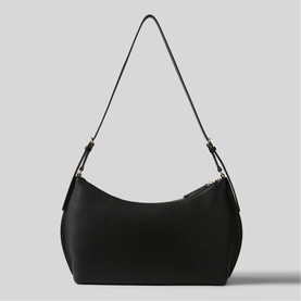Claude Pierlot black shoulder bag with crescent silhouette, zip detail, and adjustable single strap with silver-tone hardware